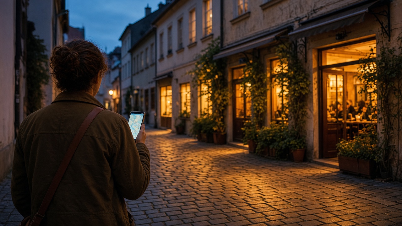 Traveler on an evening side street checking a maps app while independent restaurants glow with warm interior light
