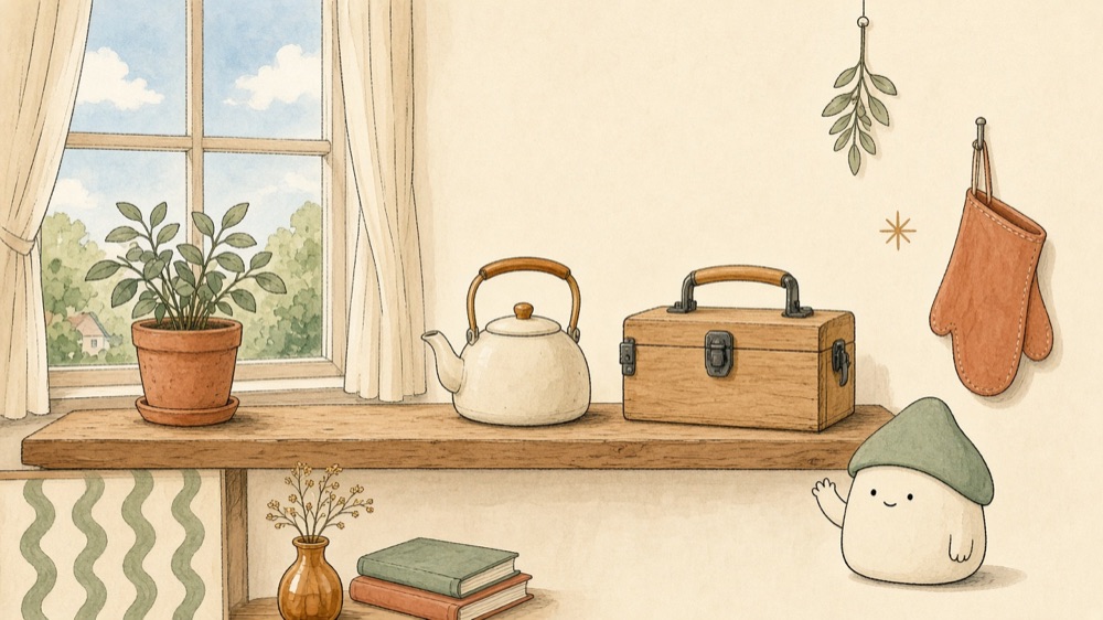 Hand-drawn illustration of a cozy shelf with a kettle, a toolbox and Stead, the little house spirit